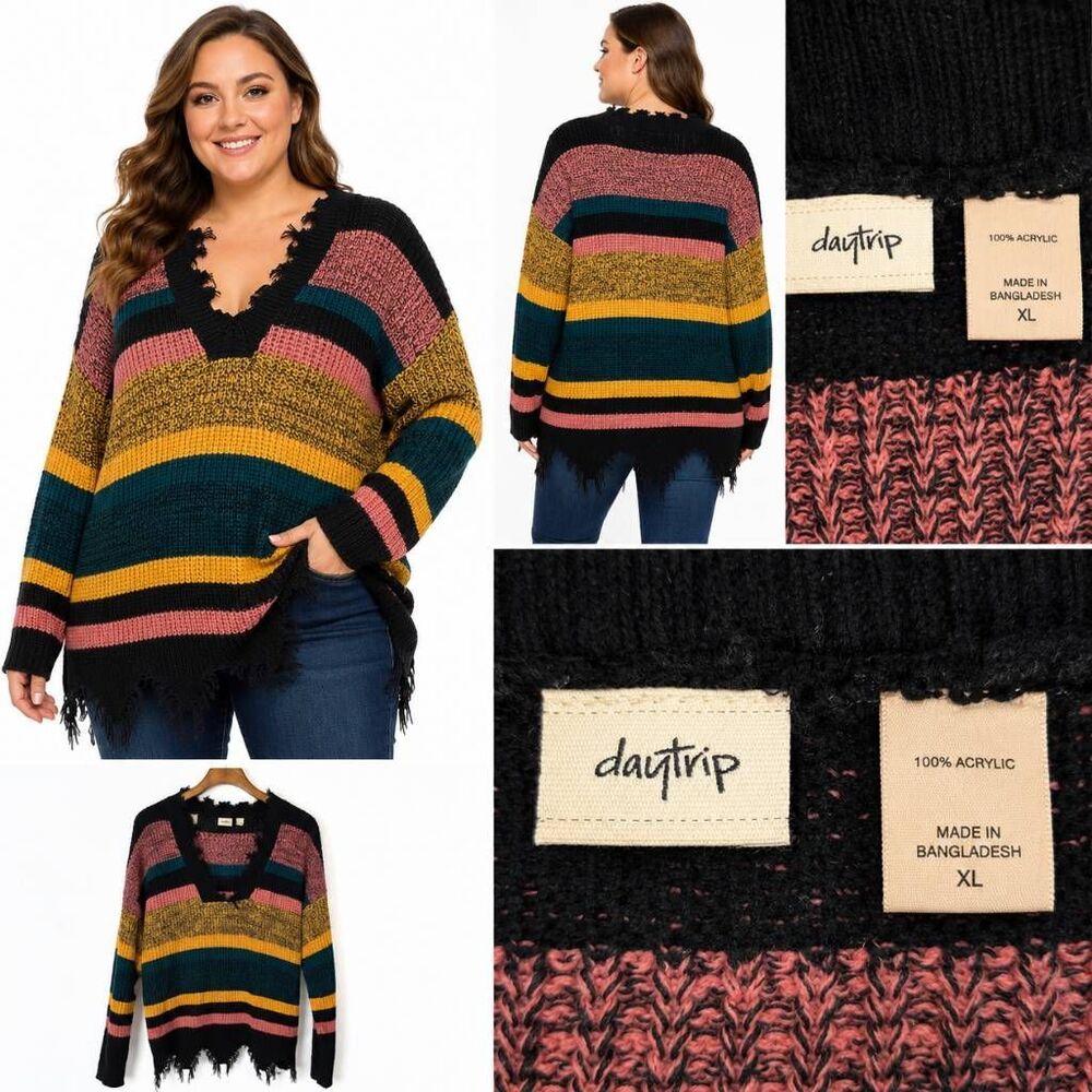 Daytrip Distressed Striped Chunky Knit Sweater XL Boho